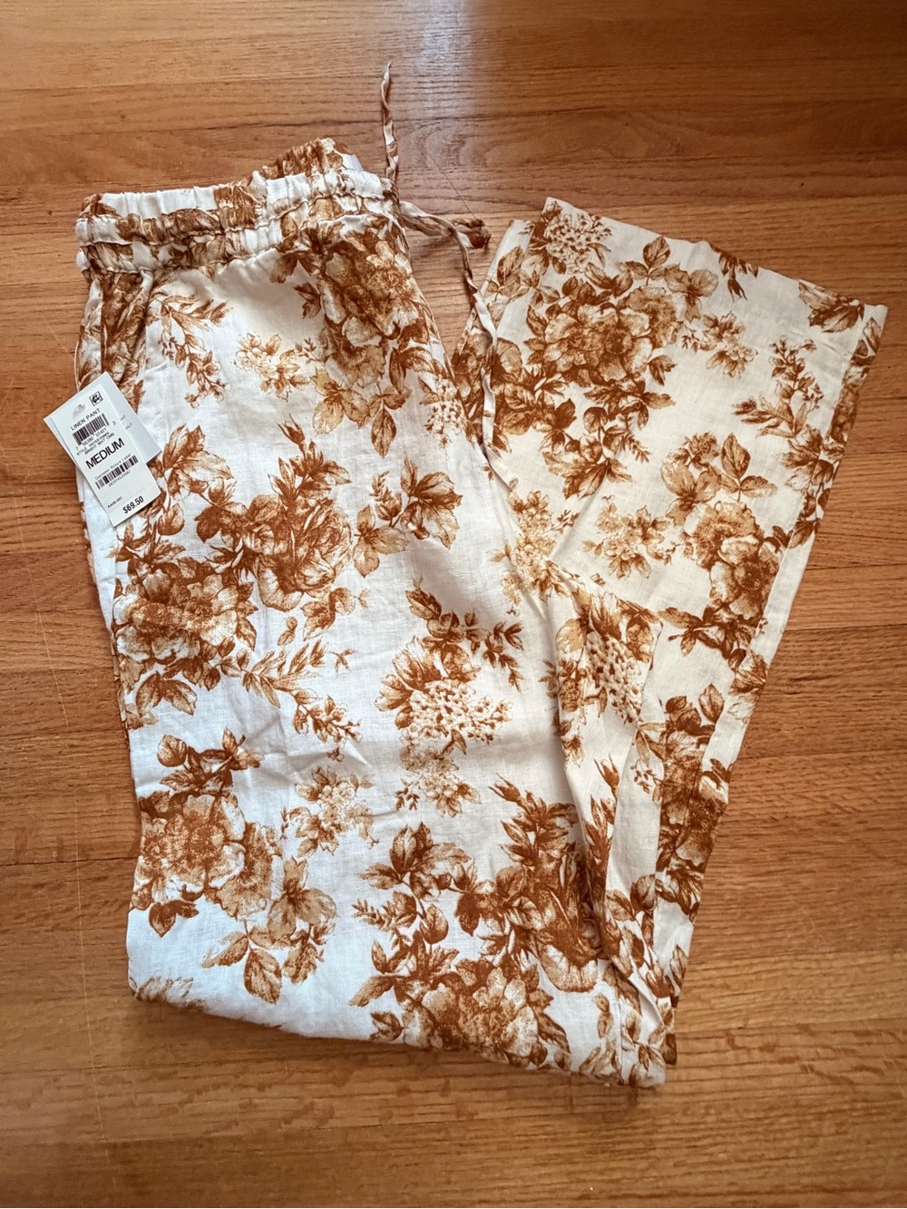 Wide-Leg Linen Pants with Brown Floral Print / Sz Medium/ New with Tags